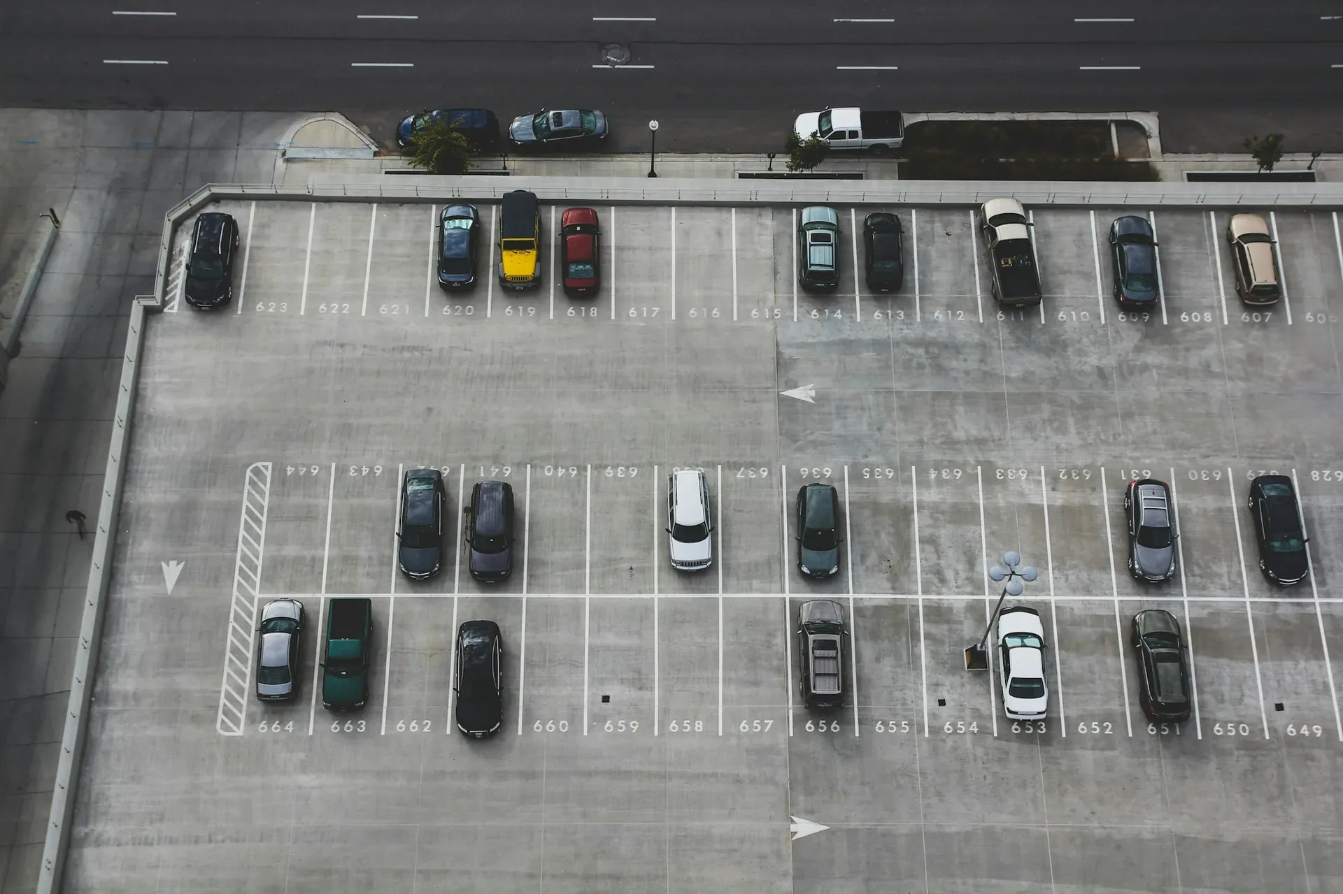Marked parking bays and circulation aisles viewed from above