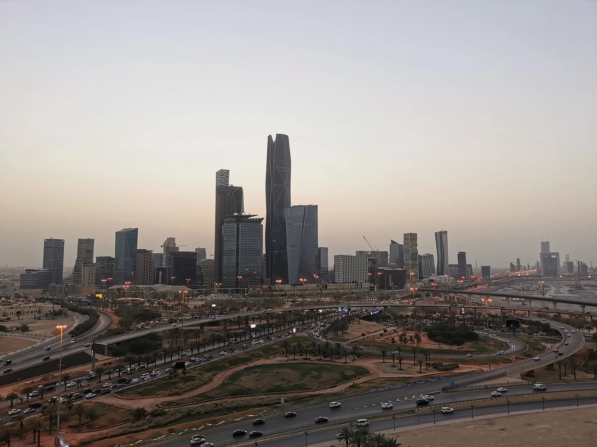 Riyadh skyline with major road interchange and traffic